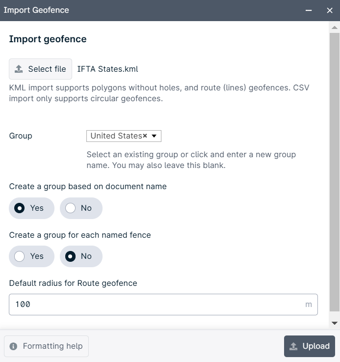 Geofence import settings window