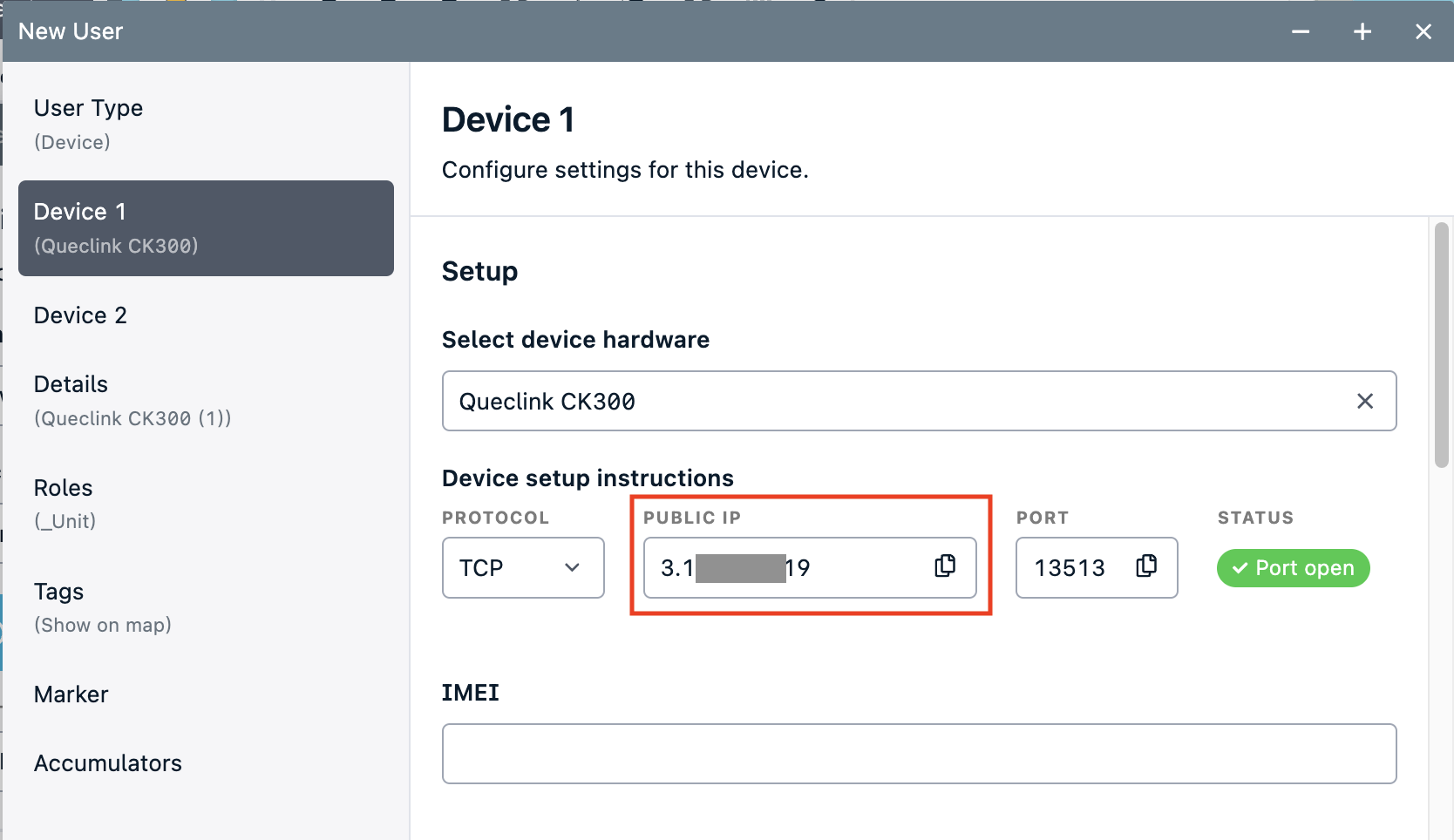 Device setup screen with IP and port details.