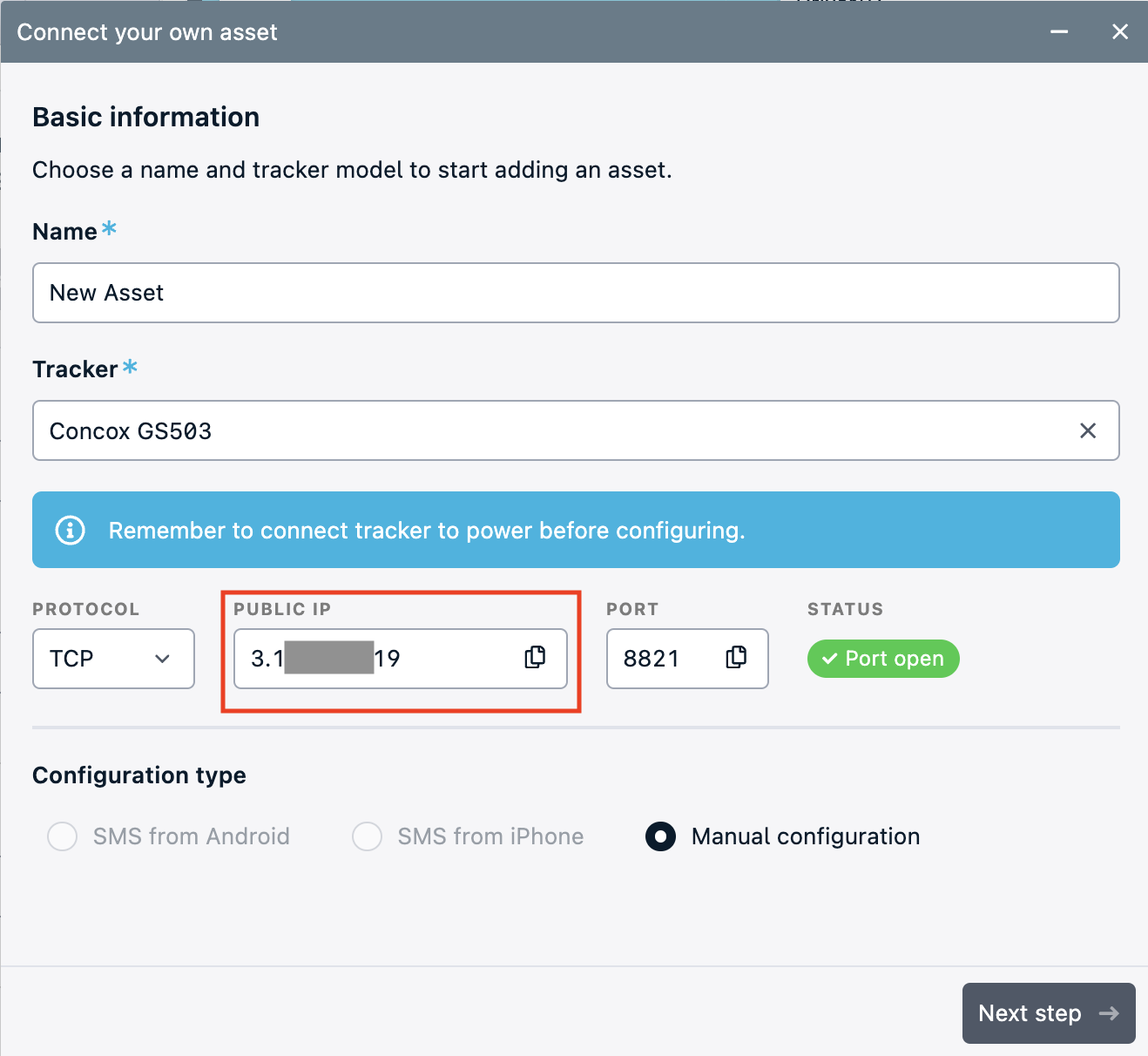 Asset configuration screen with IP and port details.