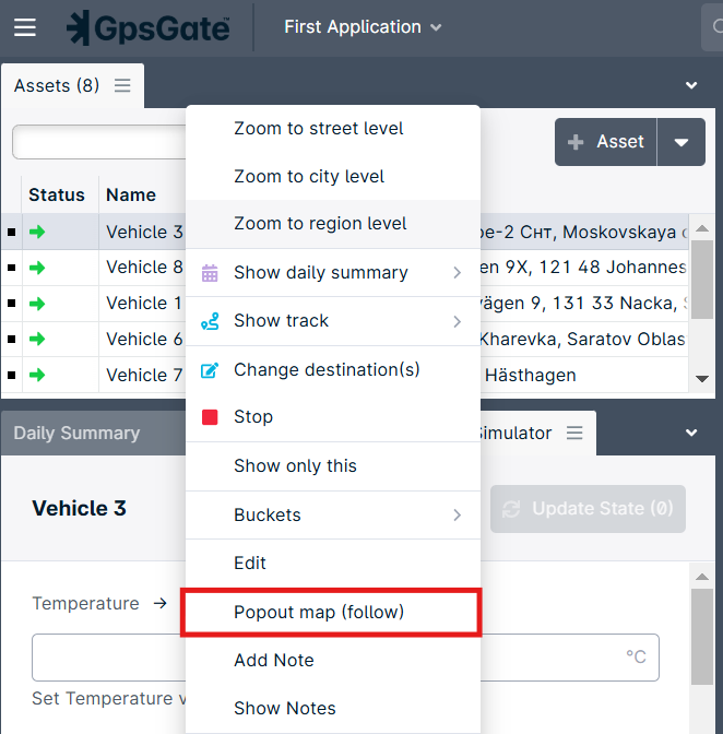 Menu options in GpsGate application interface.