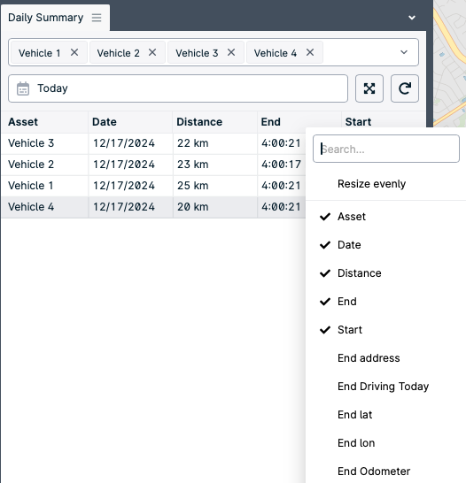 Vehicle summary table with filter options.