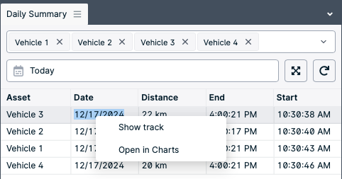 Vehicle summary table with date and distance.