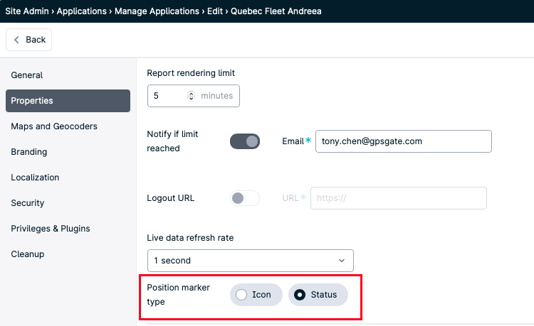 Settings page with position marker options.