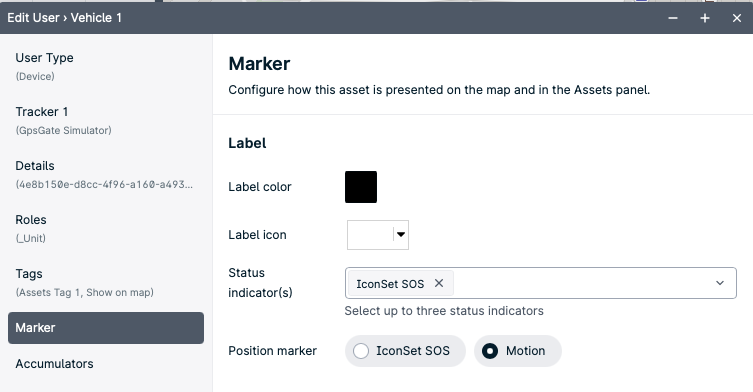 Marker configuration settings panel