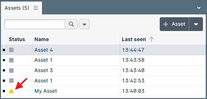 Asset list with status icons and timestamps.