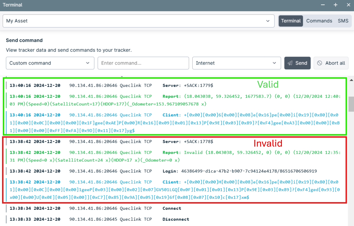 Terminal window with valid and invalid data logs.
