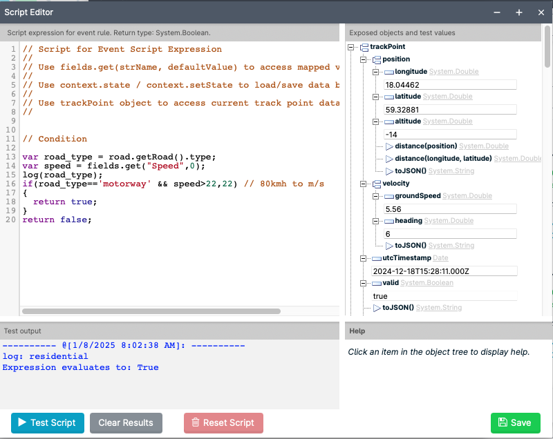 Script editor with code and test output.