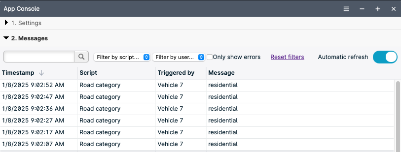 App console showing vehicle messages