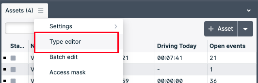 Dropdown menu with 'Type editor' highlighted