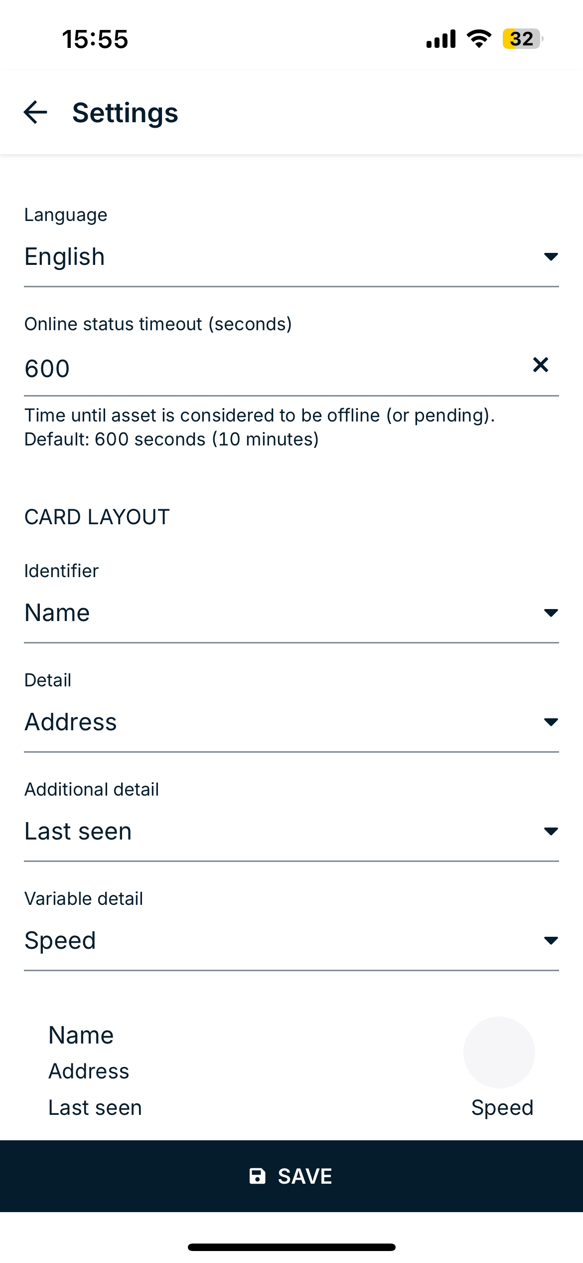 Settings screen with language and timeout options.