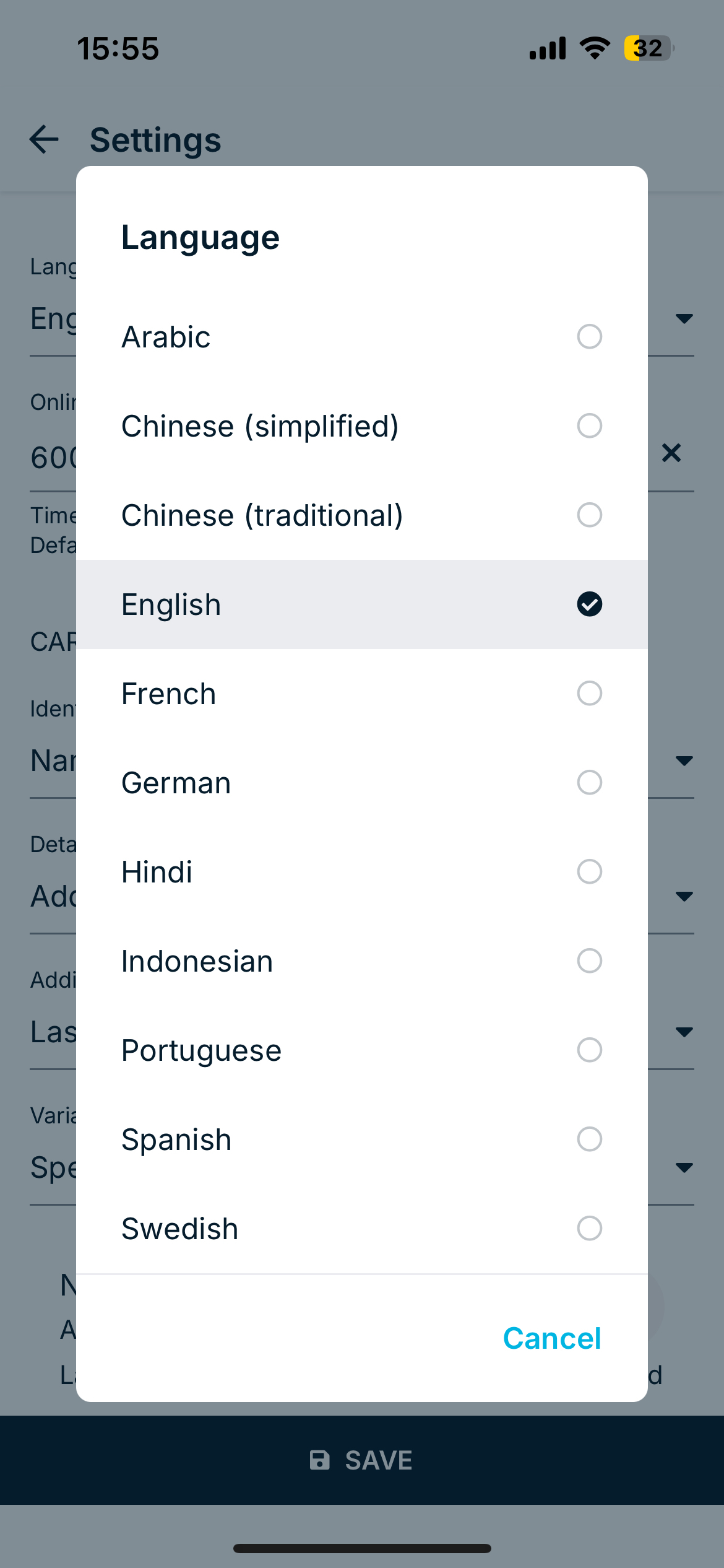 Language selection menu on a mobile screen.