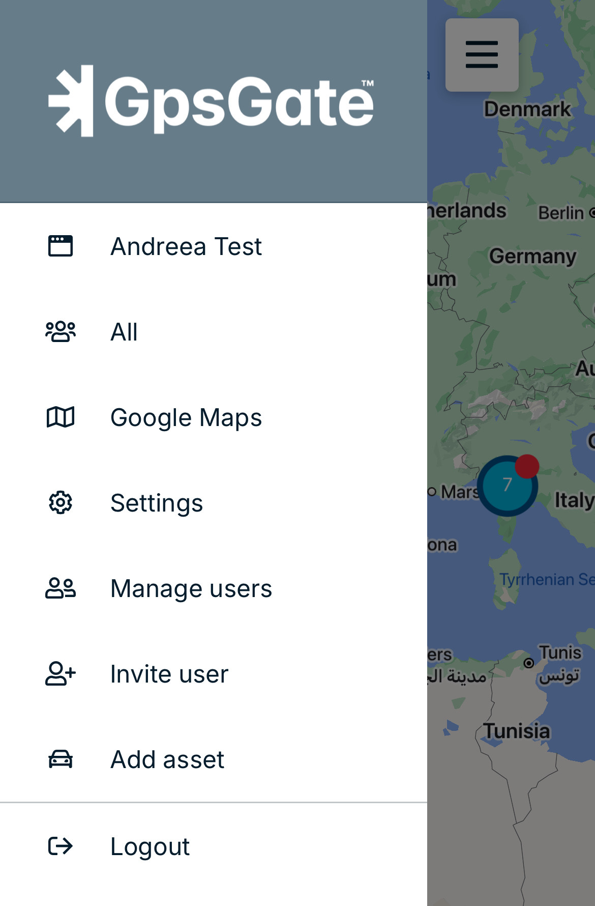 GpsGate menu with map background