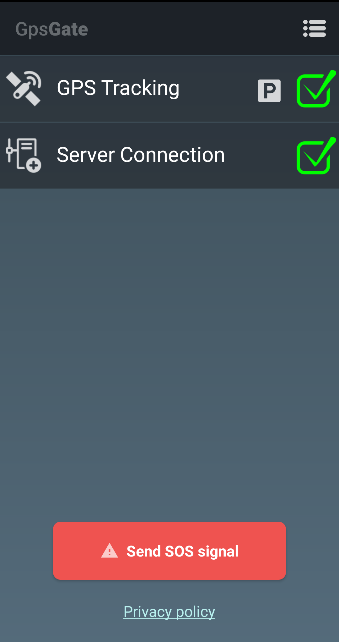 GPS and server connection status with SOS button.
