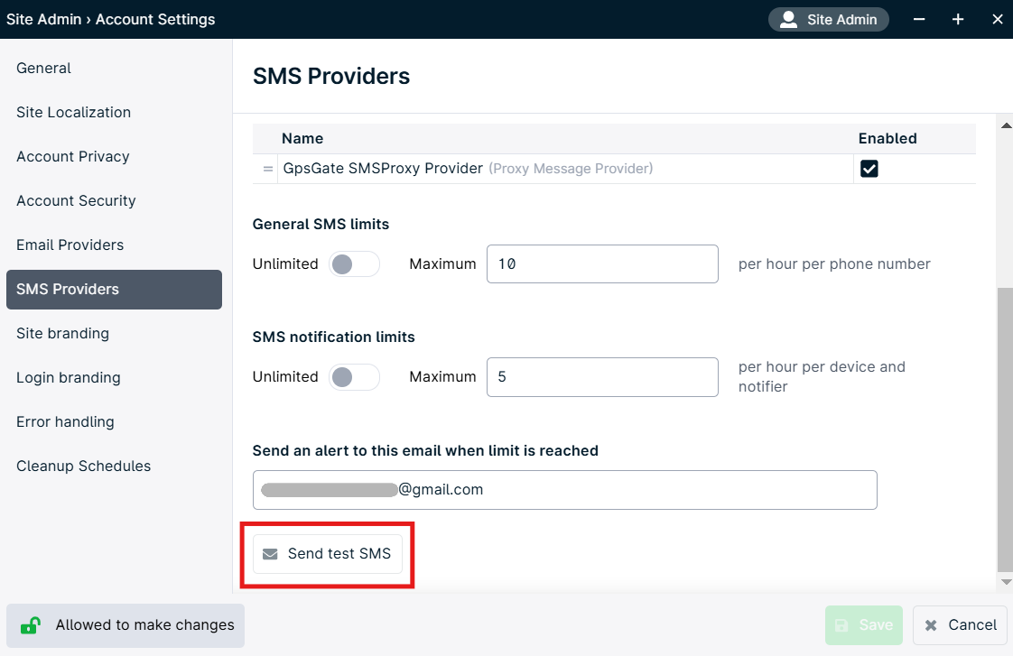 SMS Providers settings page