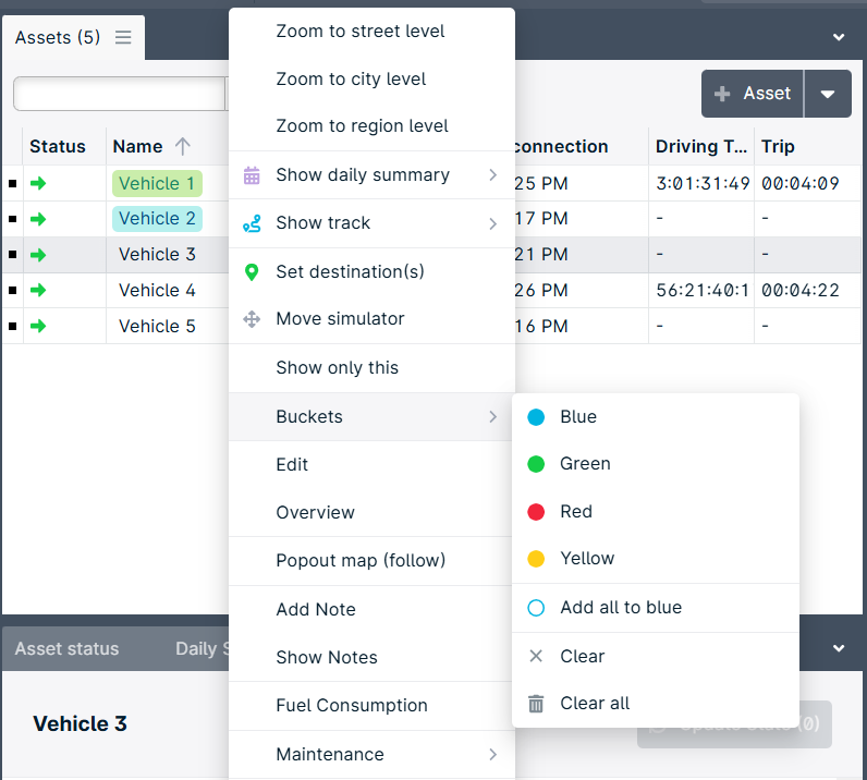 Vehicle management interface with dropdown menu.