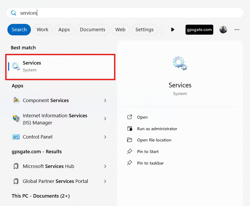 Windows search for Services app