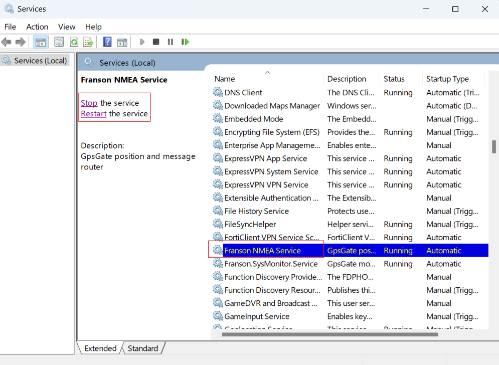 Windows Services list with Franson NMEA highlighted.