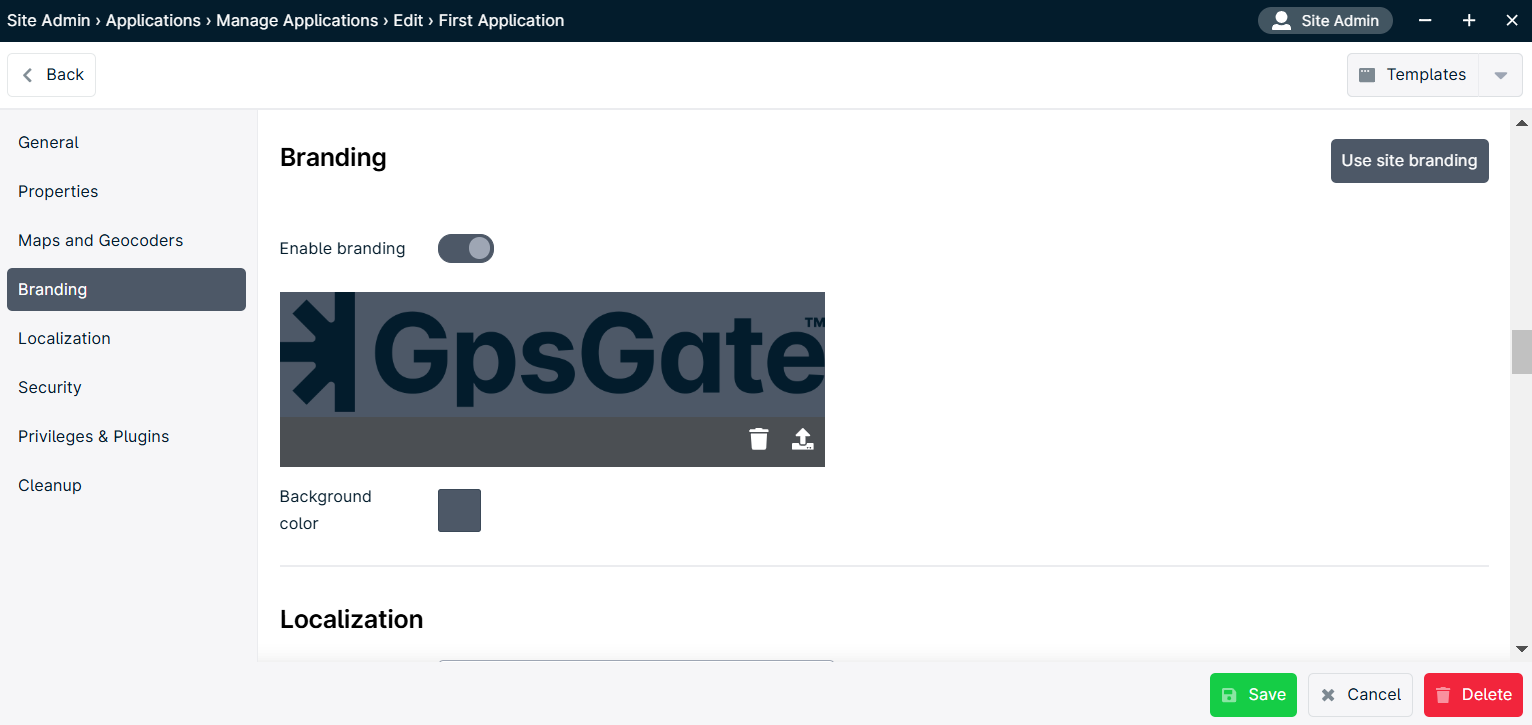 Branding settings page with logo options.