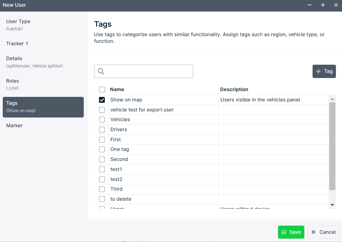 User tag selection interface