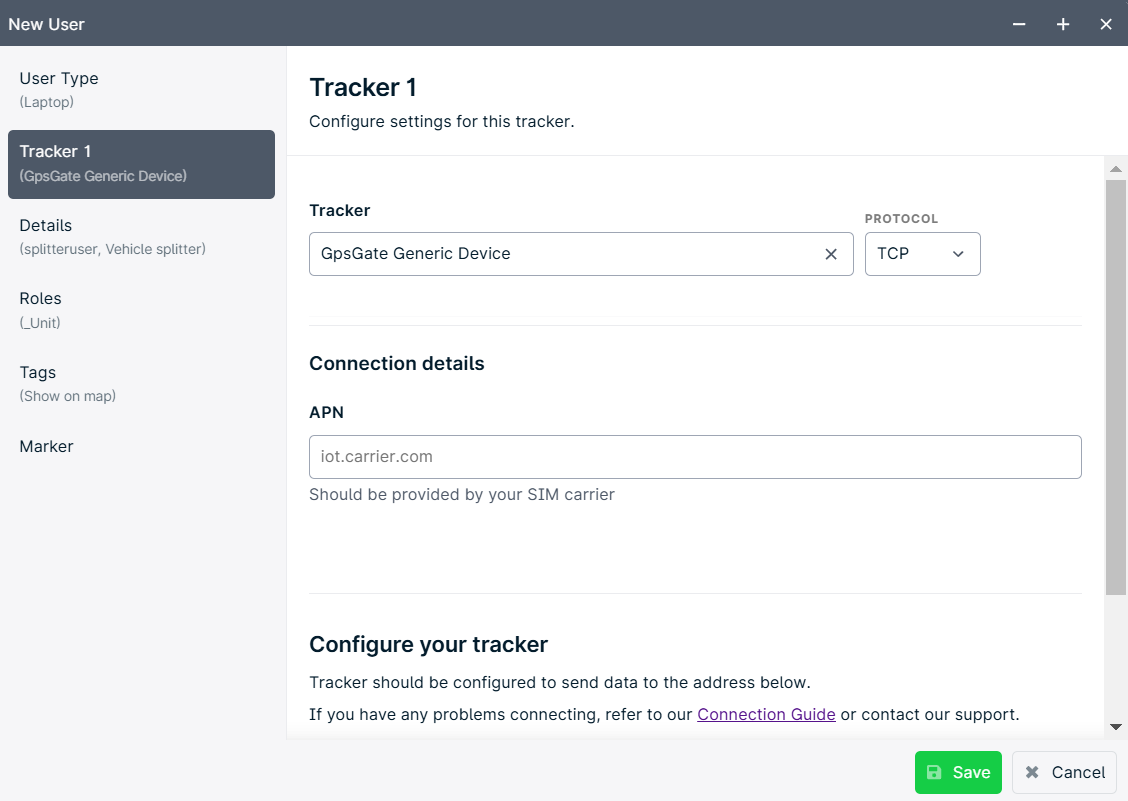 Tracker configuration settings screen