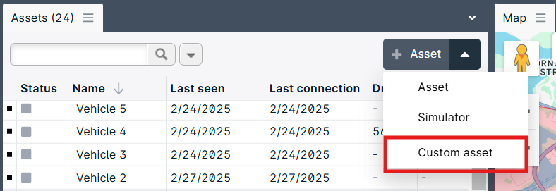 Asset management interface with vehicle list.