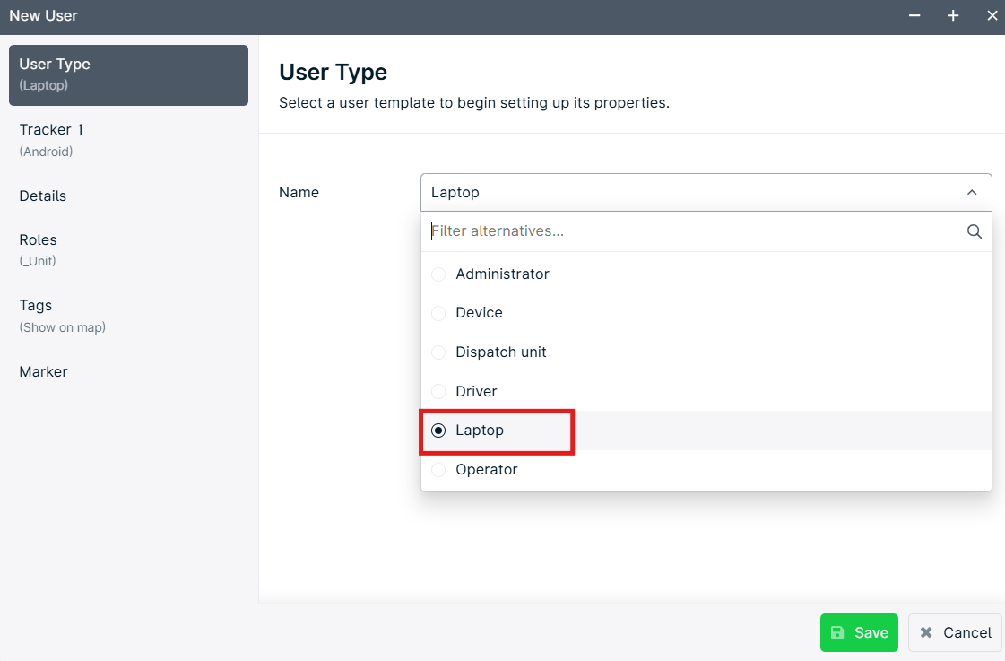 User type selection menu with 'Laptop' chosen.