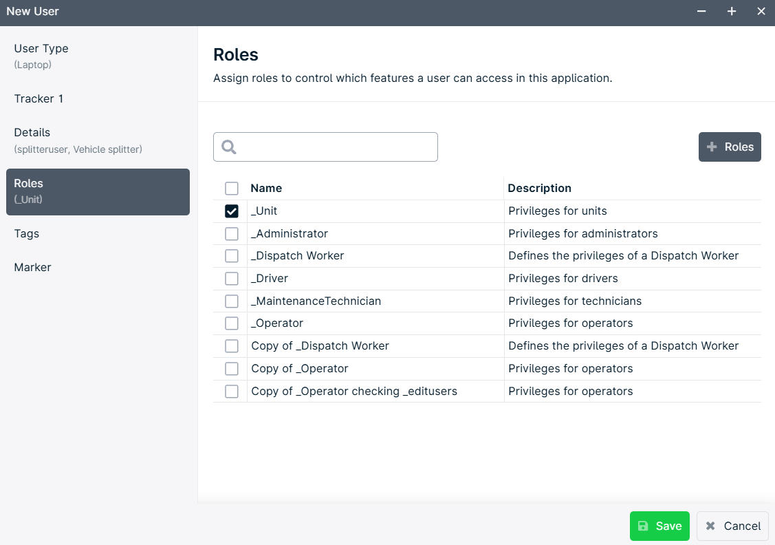 User role selection interface