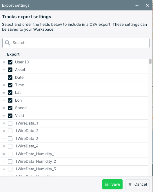 Tracks export settings window with options.