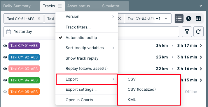 Export menu with CSV and KML options.