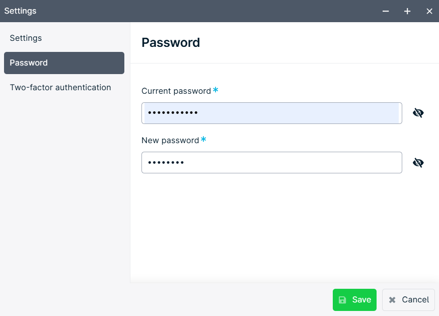 Password change settings screen