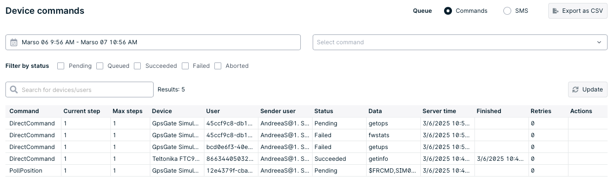 Device commands table with status and details.