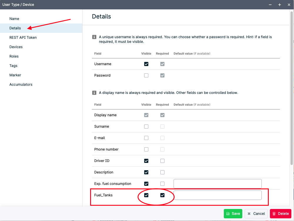 Settings menu with visible and required fields.