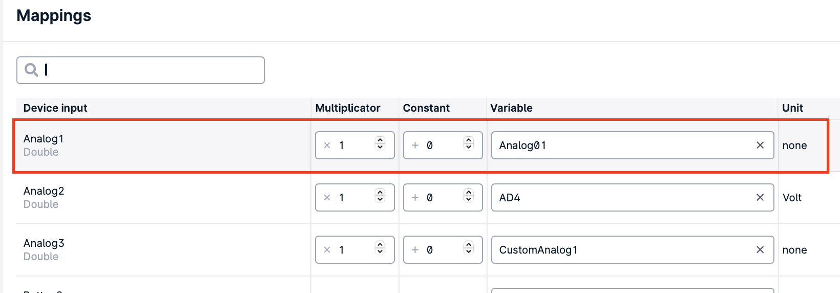 Analog1 mapping settings table