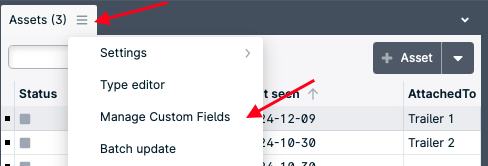 Dropdown menu with asset management options.