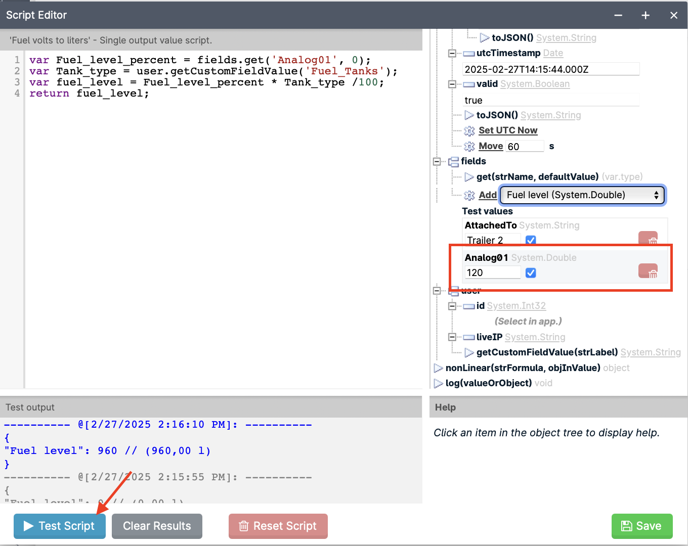 Script editor with fuel level calculation