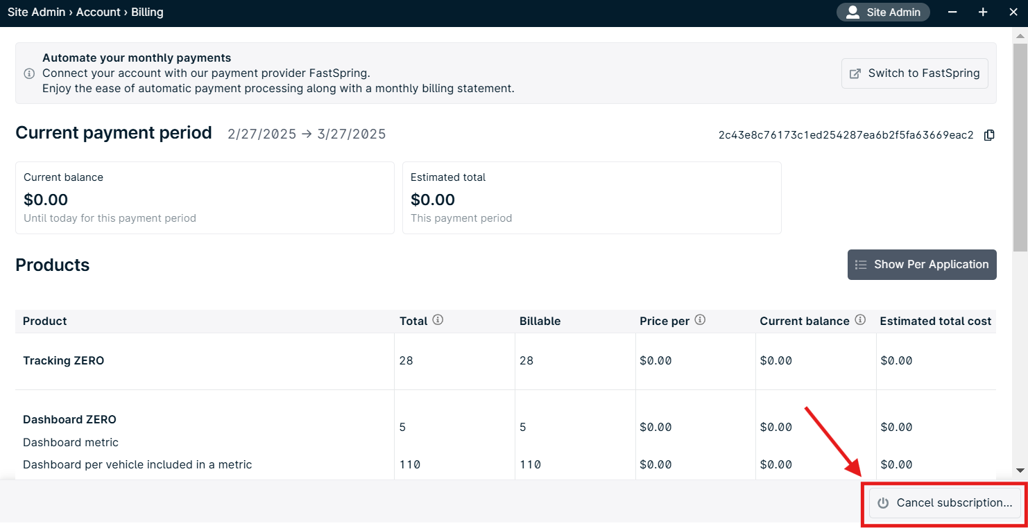 Billing page with cancel subscription button.
