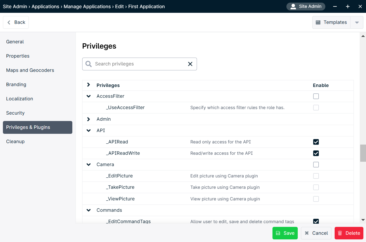 Privileges settings interface screen.