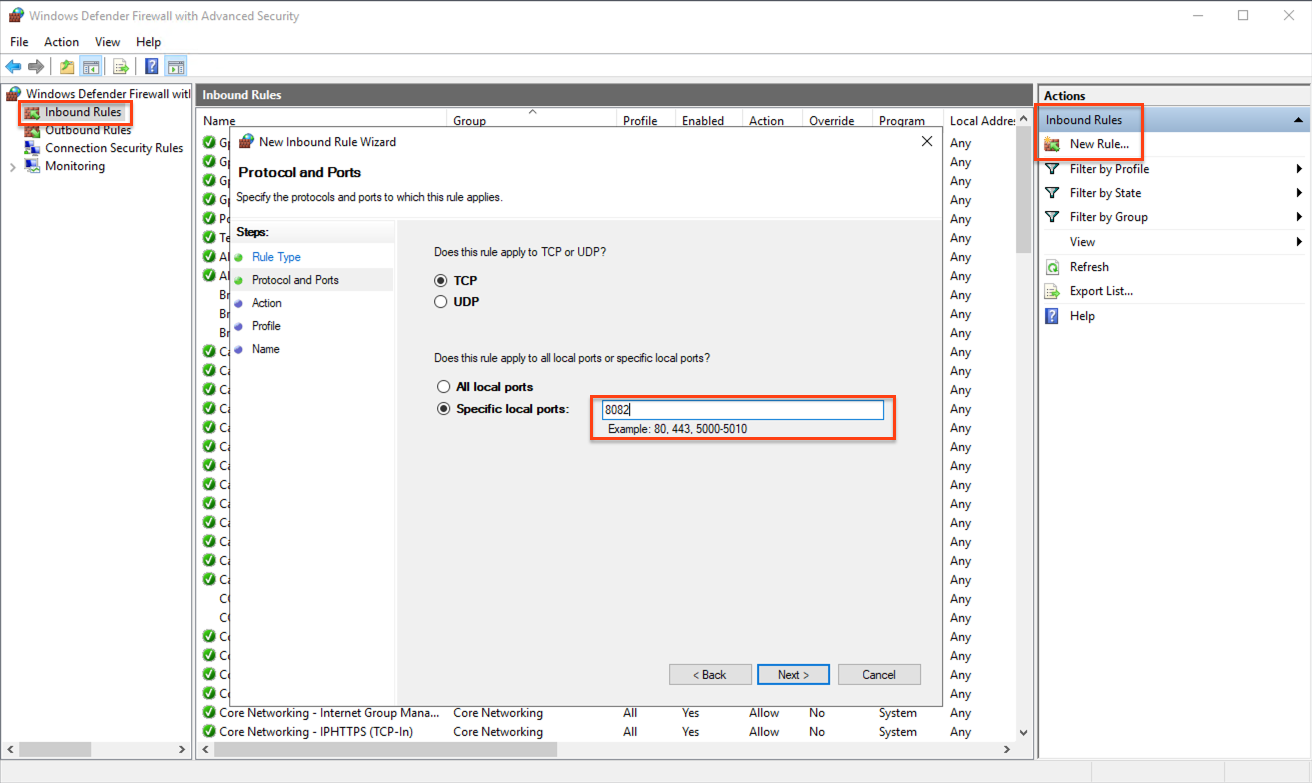 Windows Firewall inbound rule setup screen