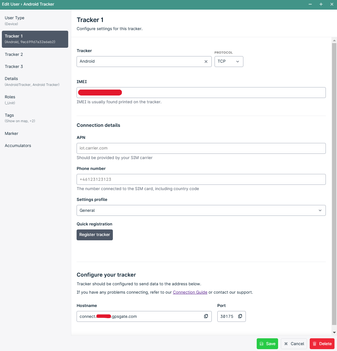 Android tracker configuration settings screen.