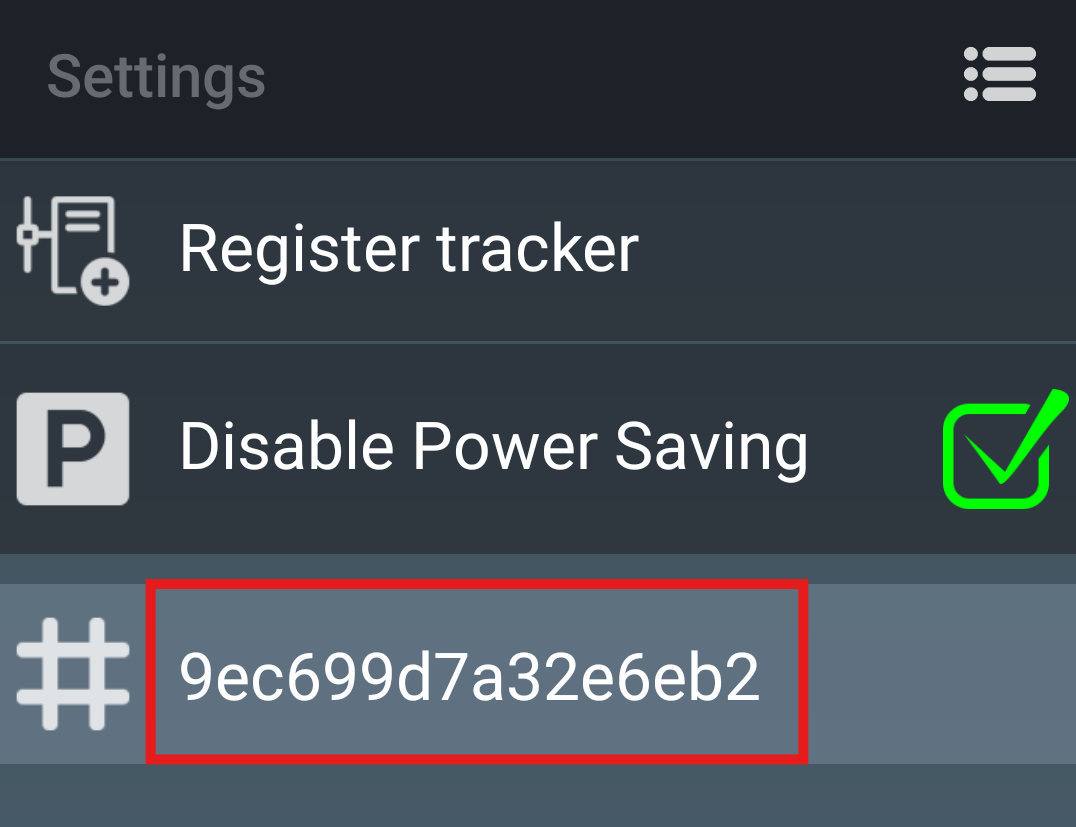 Settings menu with options and code.
