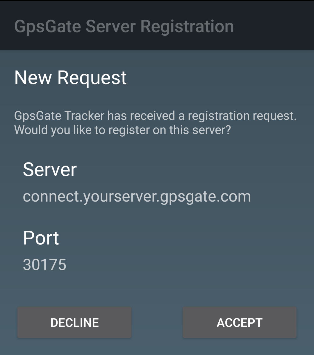 GpsGate server registration request screen