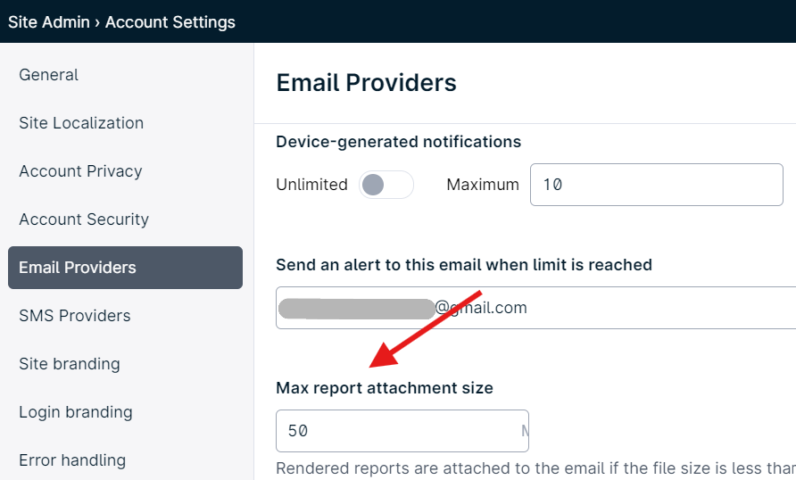 Email settings with max attachment size option.