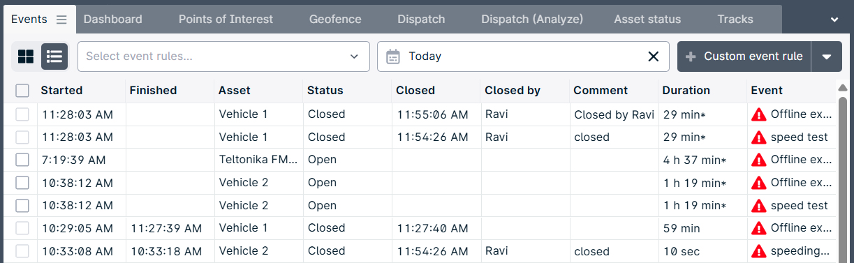 Event log table with status and duration details.