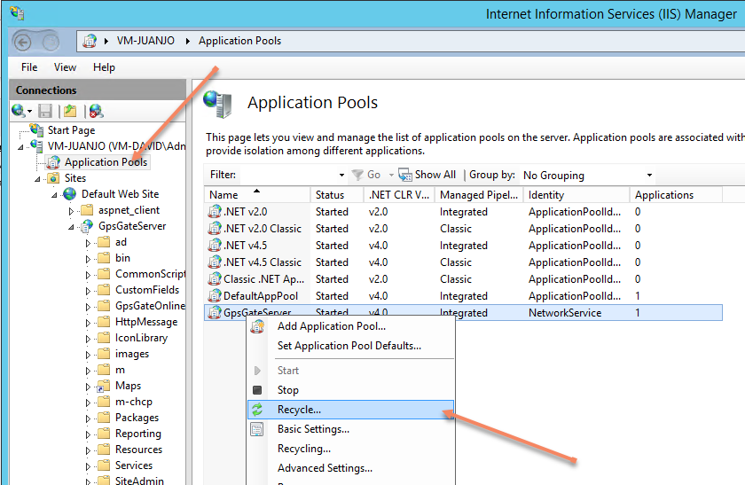 IIS Manager application pool recycle menu