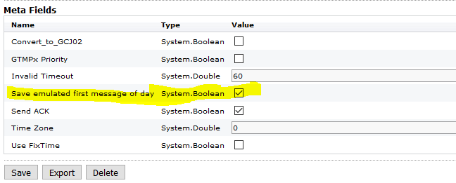 Meta fields table with checkboxes and values.