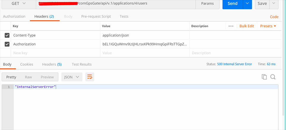 API request showing 500 Internal Server Error