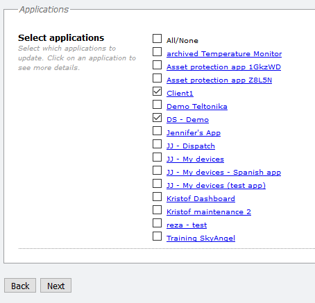 Application selection checklist interface