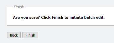 Confirmation dialog with Back and Finish buttons.