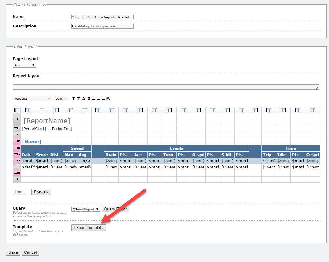 Report template layout with export option.