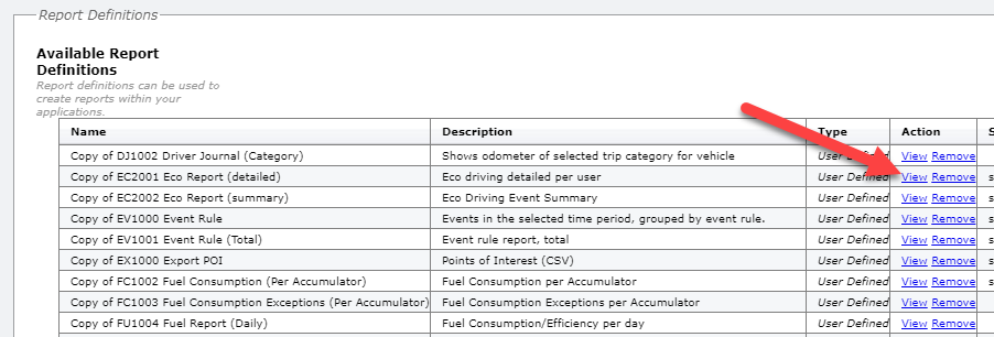 Report definitions list with view and remove options.